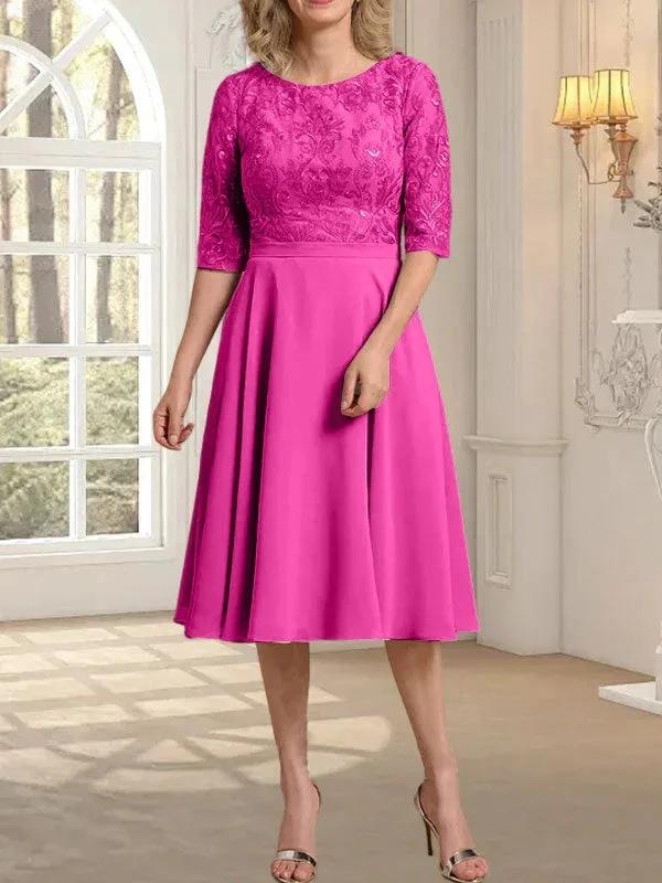 A-line Scoop Knee-Length Lace Chiffon Mother of the Bride Dress by Dreamylily
