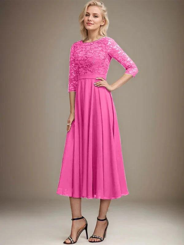 A-line Scoop Tea-Length Lace Chiffon Mother of the Bride Dress With Sequins by Dreamylily