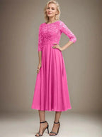 A-line Scoop Tea-Length Lace Chiffon Mother of the Bride Dress With Sequins by Dreamylily