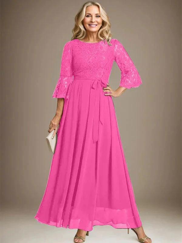 A-line Scoop Ankle-Length Lace Chiffon Mother of the Bride Dress With Bow by Dreamylily