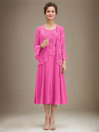 A-line Scoop Tea-Length Lace Chiffon Mother of the Bride Dress With Sequins by Dreamylily