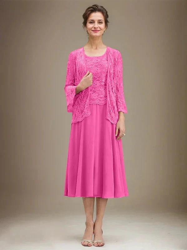 A-line Scoop Tea-Length Lace Chiffon Mother of the Bride Dress With Sequins by Dreamylily