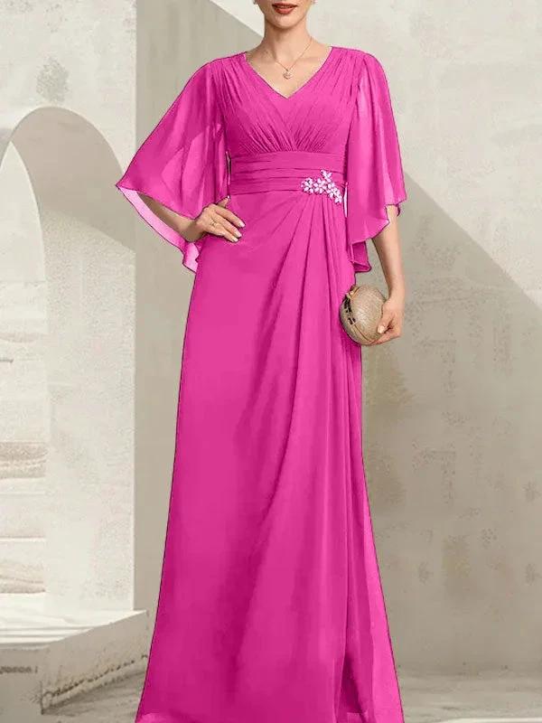 Sheath/Column V-Neck Floor-Length Chiffon Mother of the Bride Dress With Pleated Sequins Beading by Dreamylily