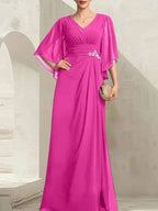 Sheath/Column V-Neck Floor-Length Chiffon Mother of the Bride Dress With Pleated Sequins Beading by Dreamylily