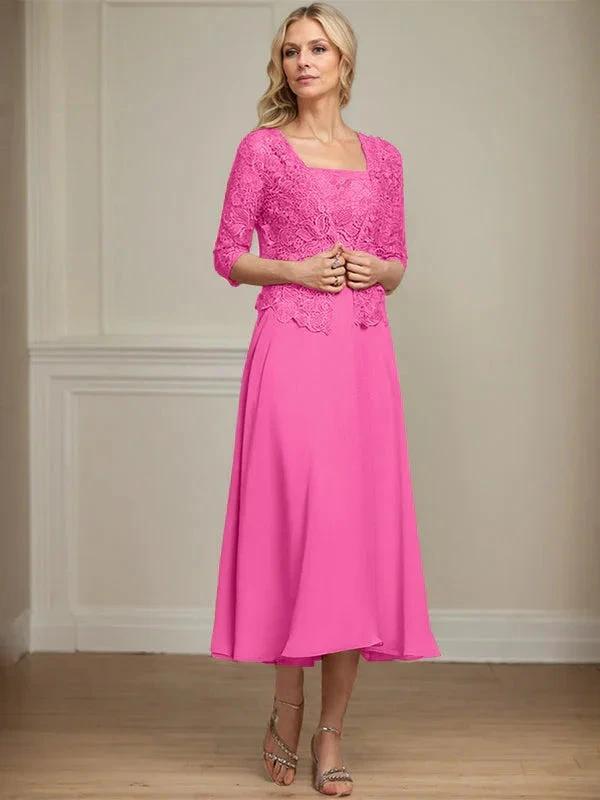 A-line Square Tea-Length Chiffon Lace Mother of the Bride Dress With Sequins Beading by Dreamylily