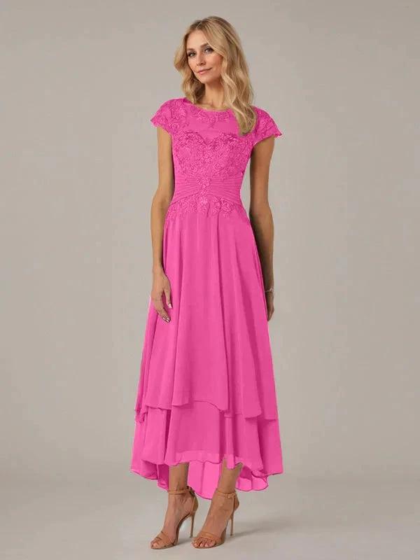 A-line Boat Neck Illusion Asymmetrical Chiffon Lace Mother of the Bride Dress With Applique Pleats by Dreamylily