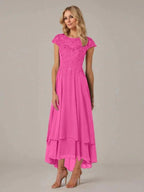 A-line Boat Neck Illusion Asymmetrical Chiffon Lace Mother of the Bride Dress With Applique Pleats by Dreamylily