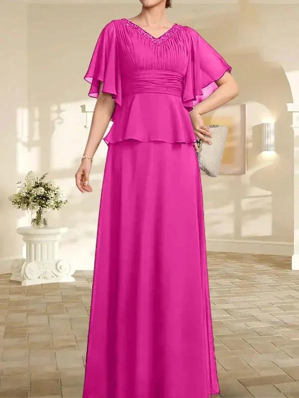 A-line V-Neck Floor-Length Chiffon Mother of the Bride Dress With Pleated Beading by Dreamylily