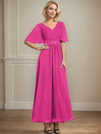 A-line V-Neck Ankle-Length Chiffon Mother of the Bride Dress With Pleated Beading Sequins by Dreamylily