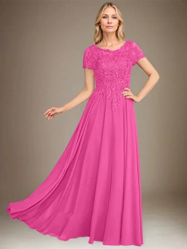 A-Line Scoop Floor-Length Chiffon Mother of the Bride Dress With Applique & Sequins by Dreamylily