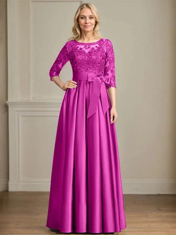 A-line Scoop Illusion Floor-Length Satin Lace Mother of the Bride Dress With Sequins Bow by Dreamylily