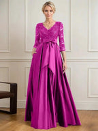 A-line V-Neck Floor-Length Satin Lace Mother of the Bride Dress With Sequins Bow by Dreamylily