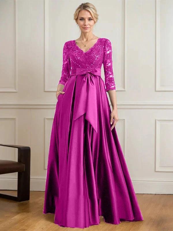 A-line V-Neck Floor-Length Satin Lace Mother of the Bride Dress With Sequins Bow by Dreamylily