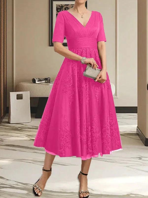 A-line V-Neck Tea-Length Tulle Lace Mother of the Bride Dress With Pleated by Dreamylily
