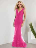 A-line V-Neck Floor-Length Lace Chiffon Mother of the Bride Dress With Applique Sequins Mermaid Dresses by Dreamylily