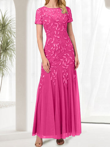 Vestido largo de sirena azul con cuello redondo para madre de la novia con cuentas