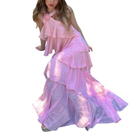 Women's Pink A-line Tiered Prom Dress Pink Backless Evening Dress Y4532