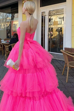 Strapless High Low Layered Hot Pink Tulle Long Prom Dress, High Low Hot Pink Formal Dress, Hot Pink Evening Dress Y214