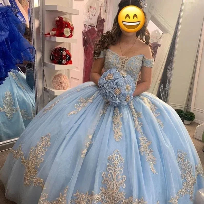 Baby Blue Ball Gown Quinceanera Dresses Off the Shoulder with Sleeves Sweet 16 Birthday Party Gowns Y403 by simplepromdress