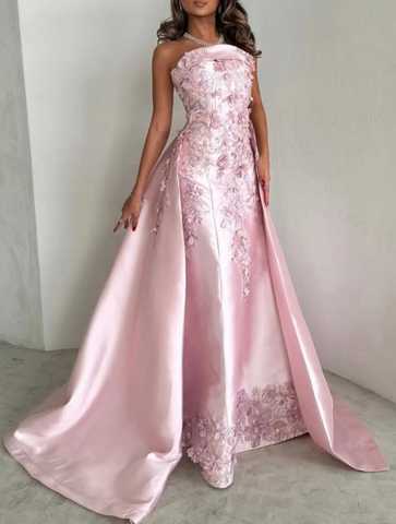 Gorgeous Pink Strapless Satin Appliques Evening Dress Formal Prom Dress Y8427