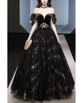 Sparkly Tulle Sequins A Line Ball Gown Off The Shoulder Black Prom Evening Dress Y8034 by simplepromdress
