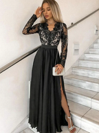 Long Sleeves V Neck Black Lace Prom Dresses, Long Sleeves Black Lace Formal Evening Dresses Y235