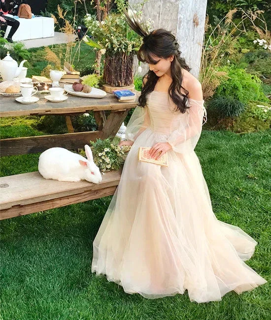 Champagne tulle long prom dress, champagne tulle evening dress Y257 by simplepromdress