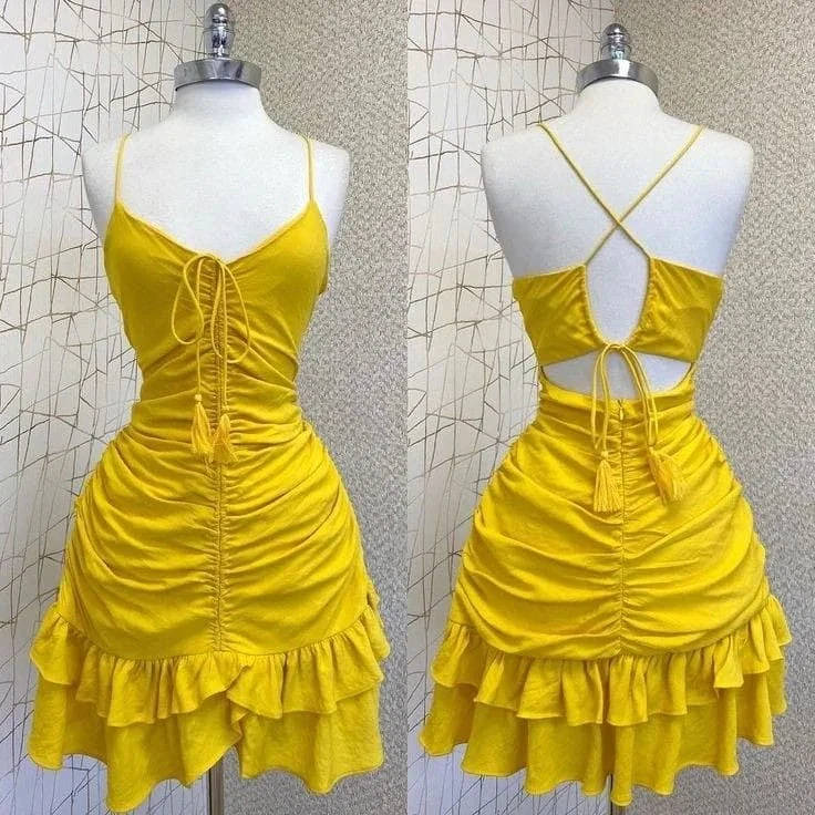 Yellow A-line Homecoming Dress with Pleated Y2593 by simplepromdress