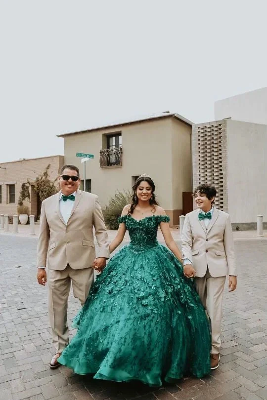 Off the shoulder emerald green ball gown with floral decor Y4153 by simplepromdress
