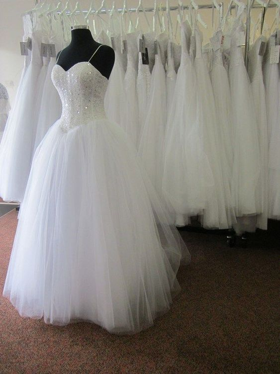 White Tulle Spaghetti Straps Wedding Dress with Sequins Beading Y1176 Main Image