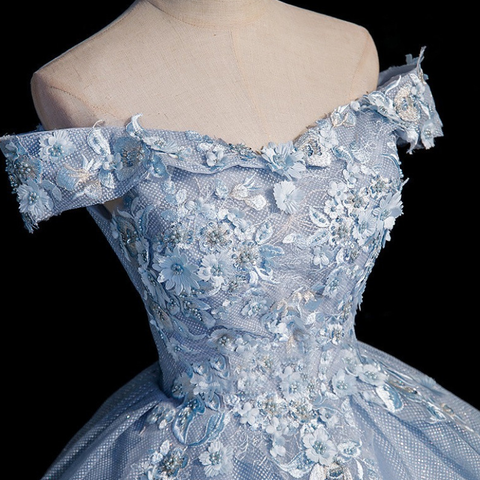 Vestido largo de fiesta con encaje de tul azul Y4208