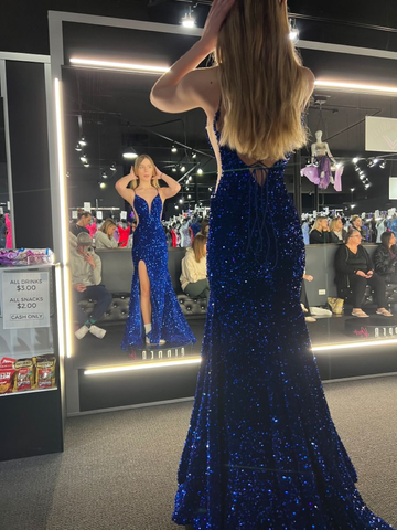 Vestido de noche de sirena con lentejuelas y abertura Y4145