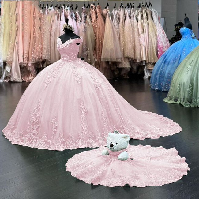 Off Shoulder Pink Sweet 16 Quinceanera Dresses Lace Birthday Ball Gown Y7245 Hover Image