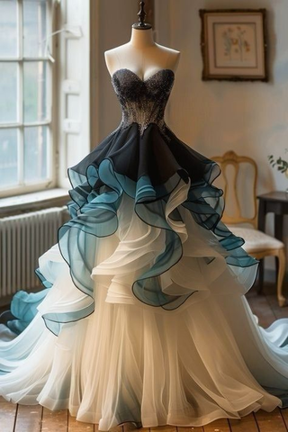 Einzigartiges trägerloses Tüll-Ballkleid mit Perlenbesatz und Rüschen in A-Linie, formelles Ballkleid Y8343