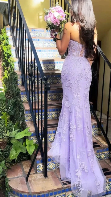 Purple Strapless Tulle Lace Appliques Evening Dress Mermaid Prom Dress Y7910 by simplepromdress