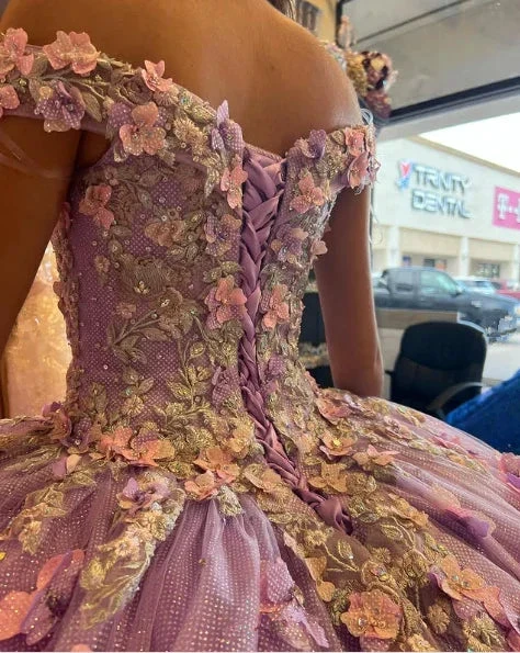 Lavender Applique Off Shoulder Shiny Elegant Tulle Ball Gown 3D Flowers Princess Dress Sweet 15th Y285 by simplepromdress