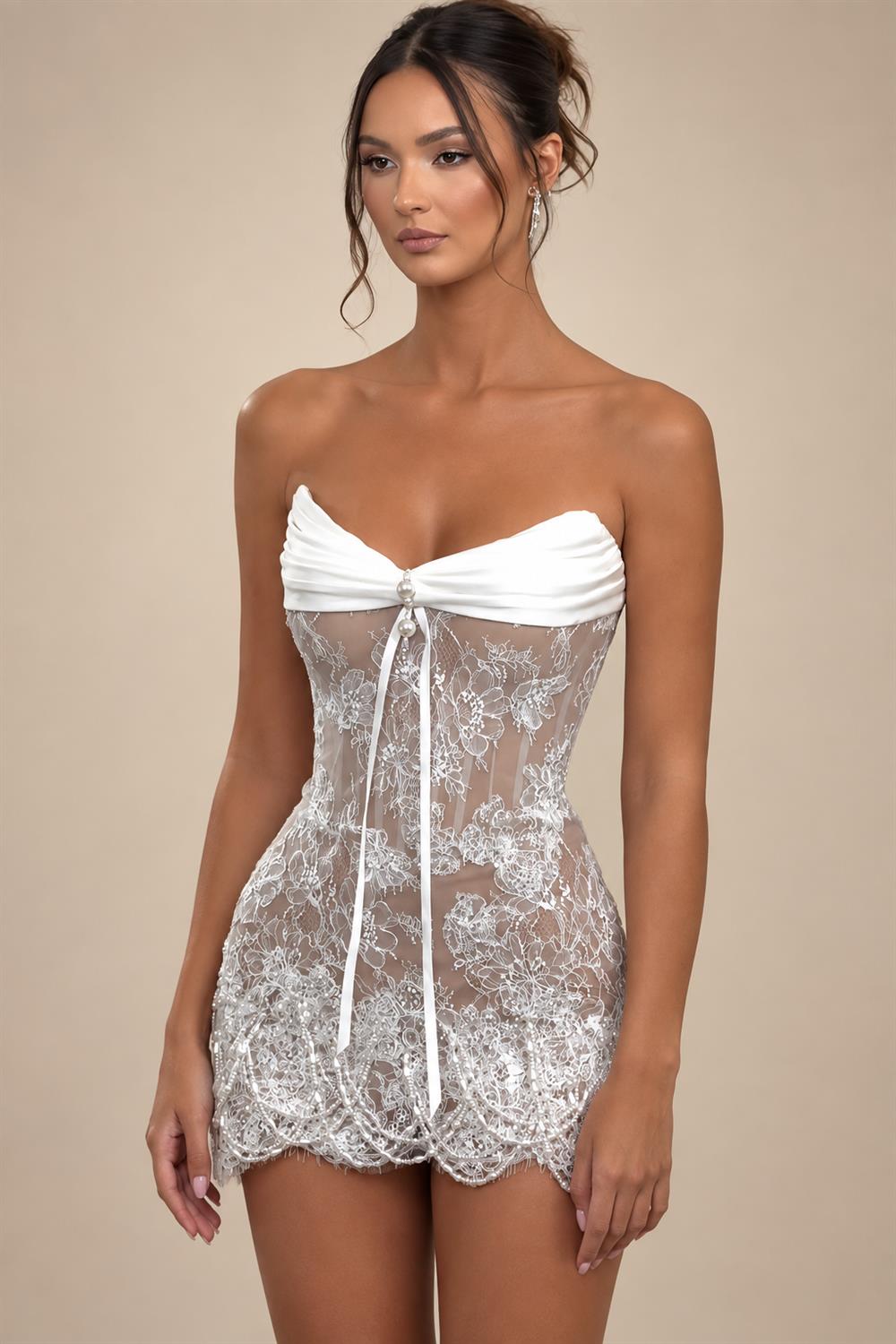 White Strapless Sheer Lace Corset Mini Wedding Dress ZP002