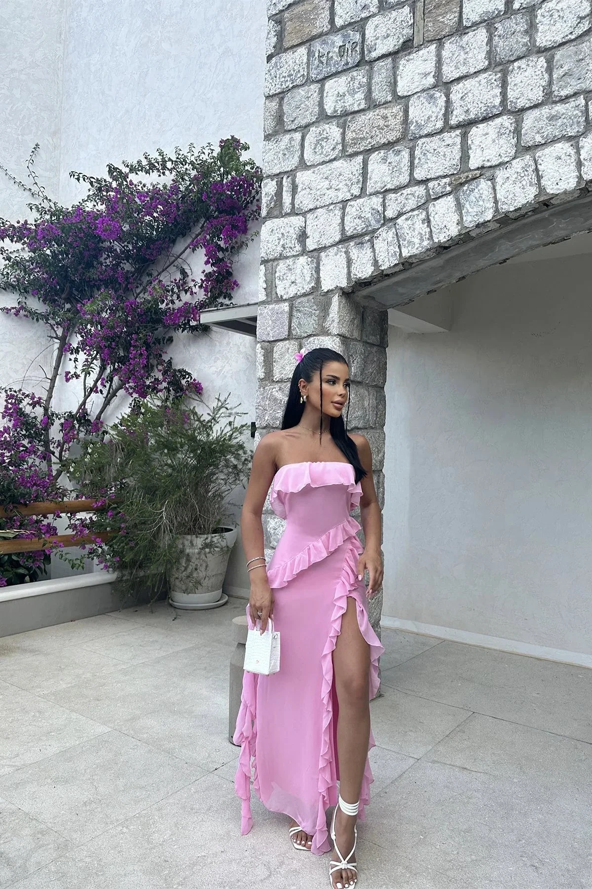 Pretty Pink Strapless Ruffle Slit Evening Dress Long Birthday Prom Dress Y8203 by simplepromdress