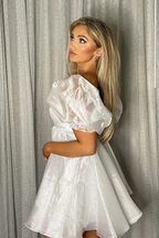 Pink Square Neck Balloon Sleeves A-Line Homecoming Dress Y2434 by simplepromdress