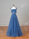 Pretty Blue Spaghetti Straps Tulle Sequins A Line Prom Dress Evening Dress Y8634 by simplepromdress