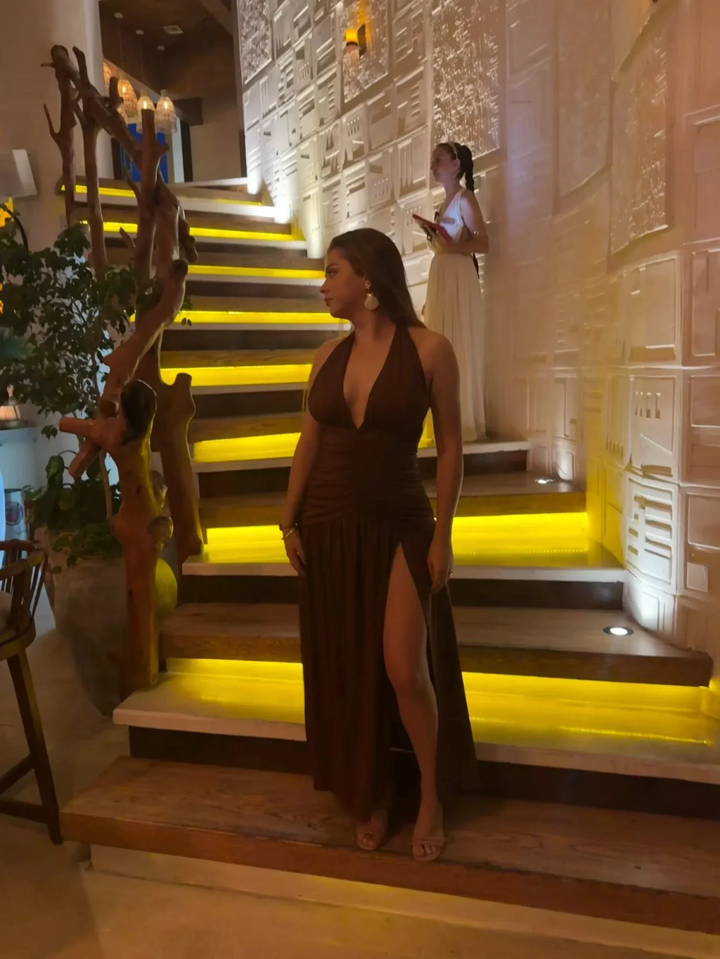 Sexy Halter Backless Brown A Line Slit Prom Dress Deep V Evening Dress Y8481 by simplepromdress