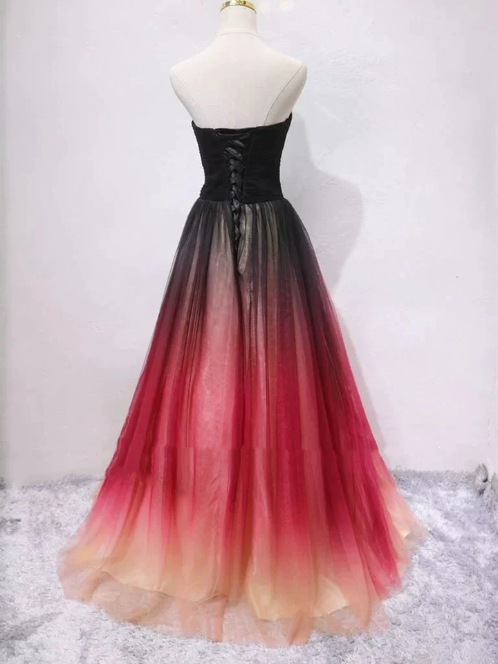Strapless A Line V Neck Open Back Ombre Long Prom Dresses, Long Ombre Formal Graduation Evening Dresses Y1826 by simplepromdress