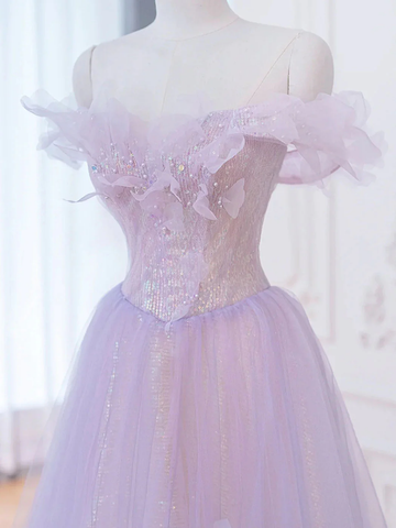 A-Linie Lila Off Shoulder Langes Ballkleid, Lila Abendkleider Y1783