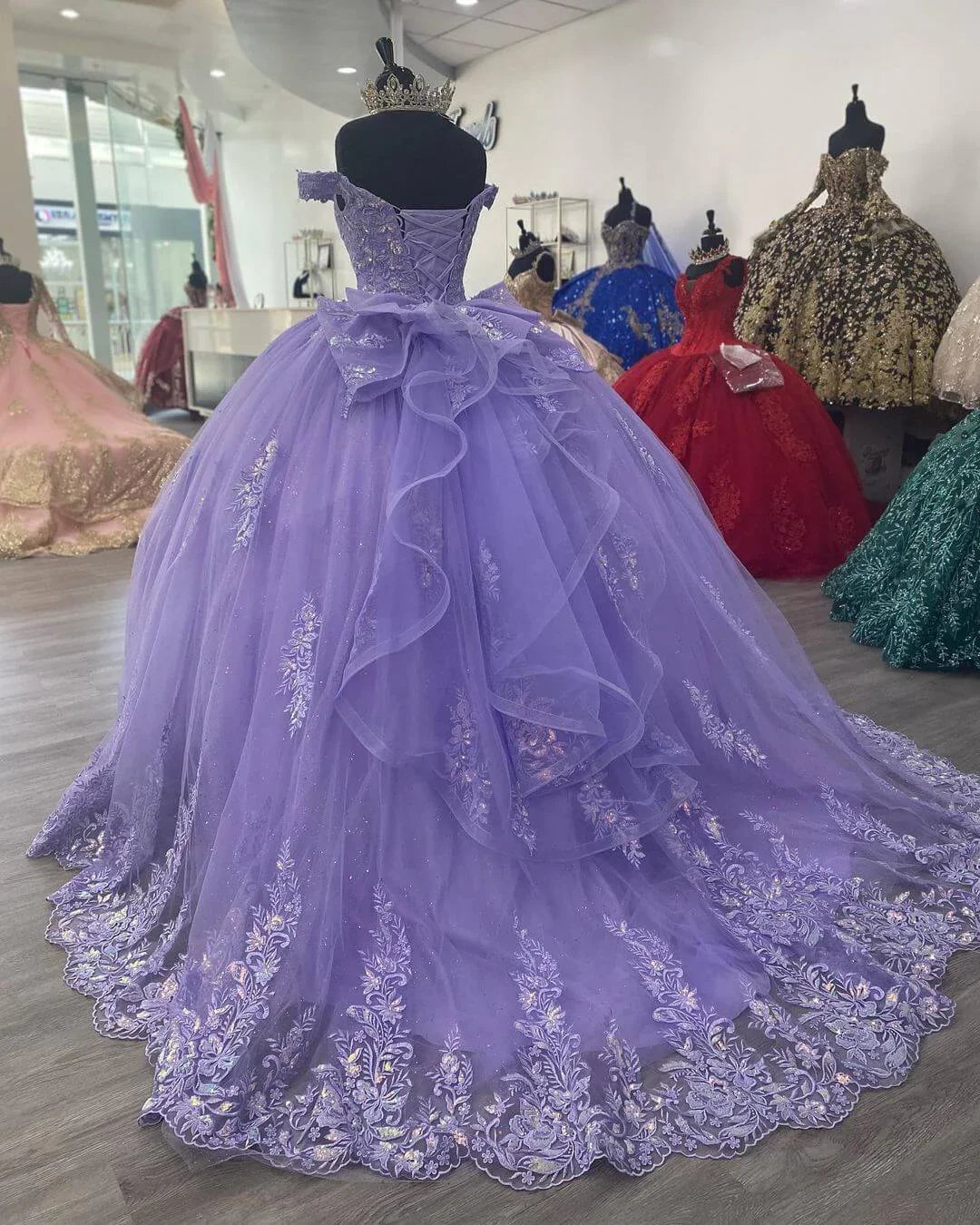 Robe de bal corset lilas à épaules dénudées pour quinceañera, robe d'anniversaire en dentelle avec appliques Y789
