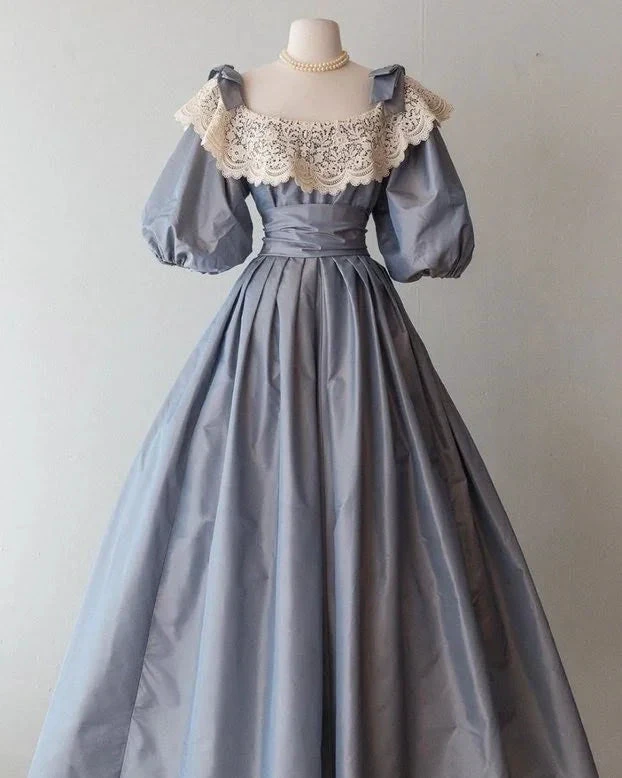 Vintage Lace Satin A Line Prom Dress Blue Puff Sleeves Long Evening Dress Y8515 by simplepromdress