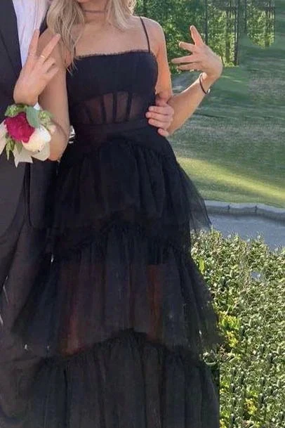 Elegant A-line Layered Tulle Black Prom Dress,Sheer Corset Long Evening Dress,Graduation Dress Y653 by simplepromdress