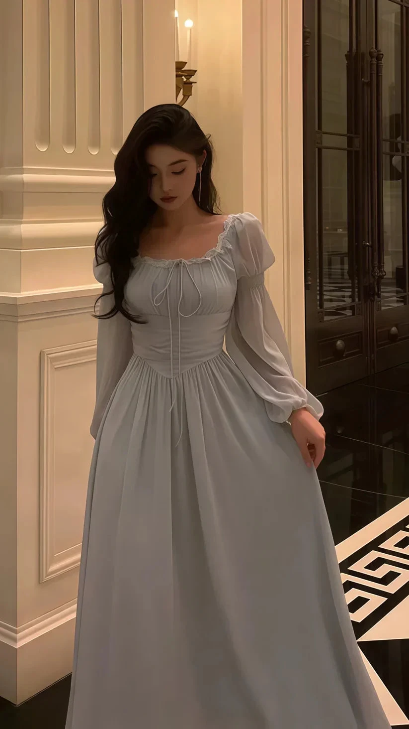 Grey Lace Chiffon Long Sleeves Party Dress Elegant Prom Evening Dress Y8021 by simplepromdress