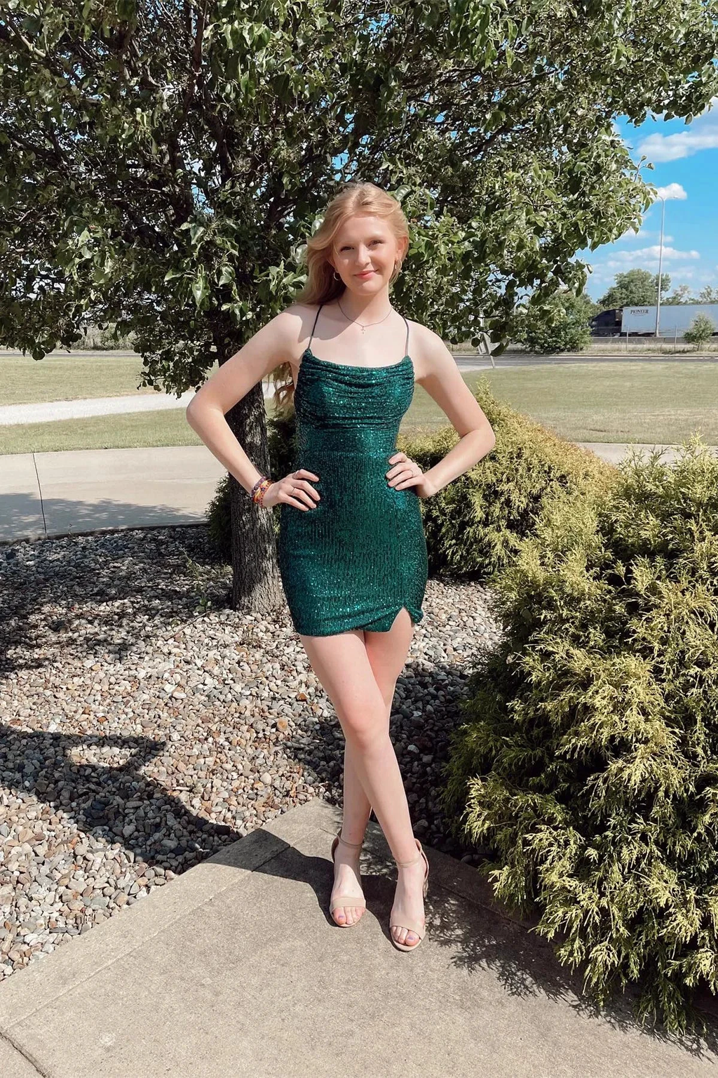 Straps Dark Green Cowl Neck Tight Mini Dress Dark Green Homecoming Dress Y2948 by simplepromdress