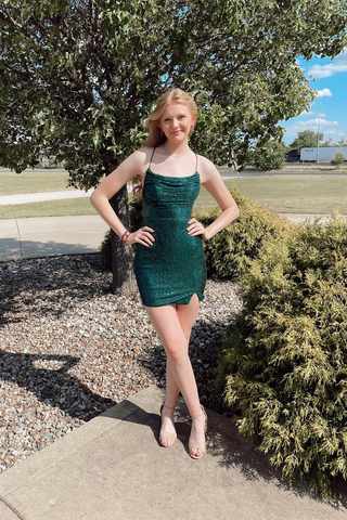 Straps Dark Green Cowl Neck Tight Mini Dress Dark Green Homecoming Dress Y2948
