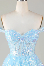 Sparkly Blue Corset Tiered Lace A-Line Short Homecoming Dress Y4083 by simplepromdress